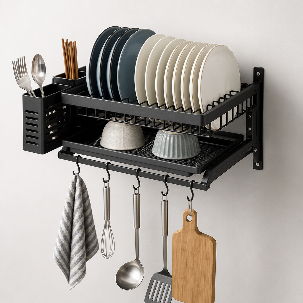 Matte black wall-mounted dish rack with hooks and plate slots