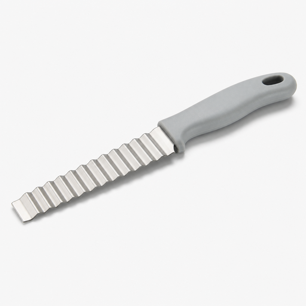 Wavy vegetable knife with stainless zigzag blade and light gray handle