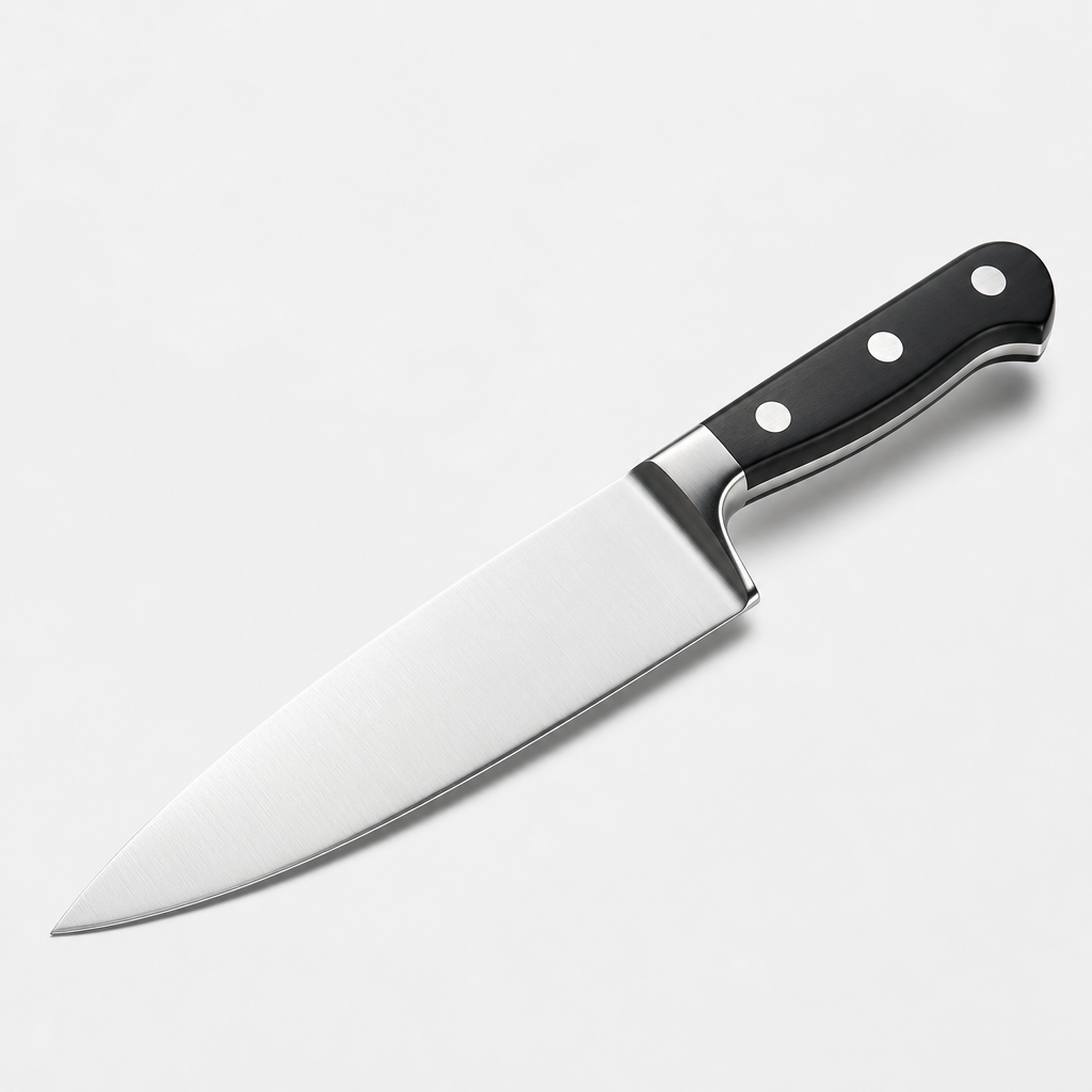 Western chef's knife with a polished stainless blade and riveted black handle