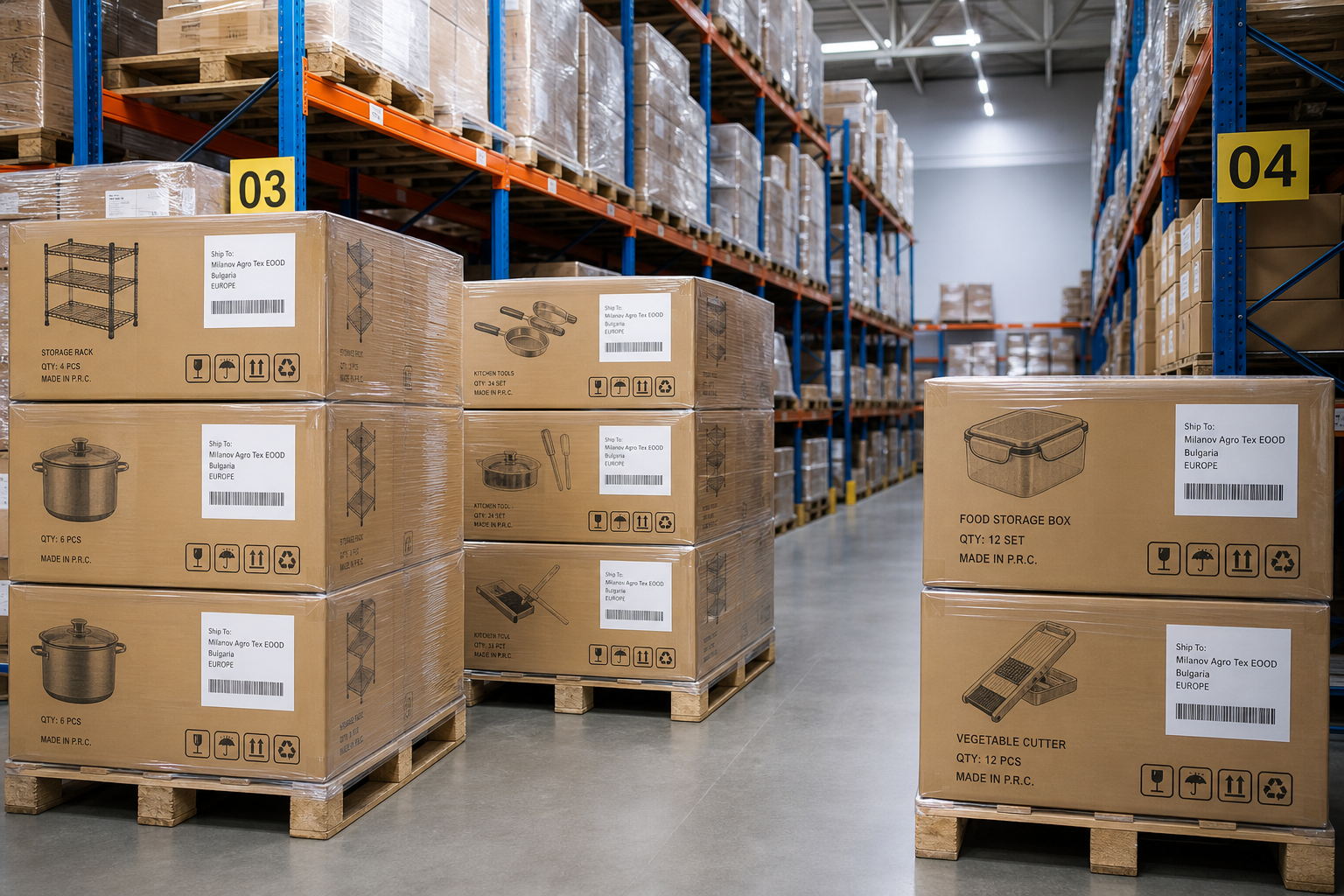 Warehouse pallets with boxed kitchen goods and shipping labels in a clean logistics space