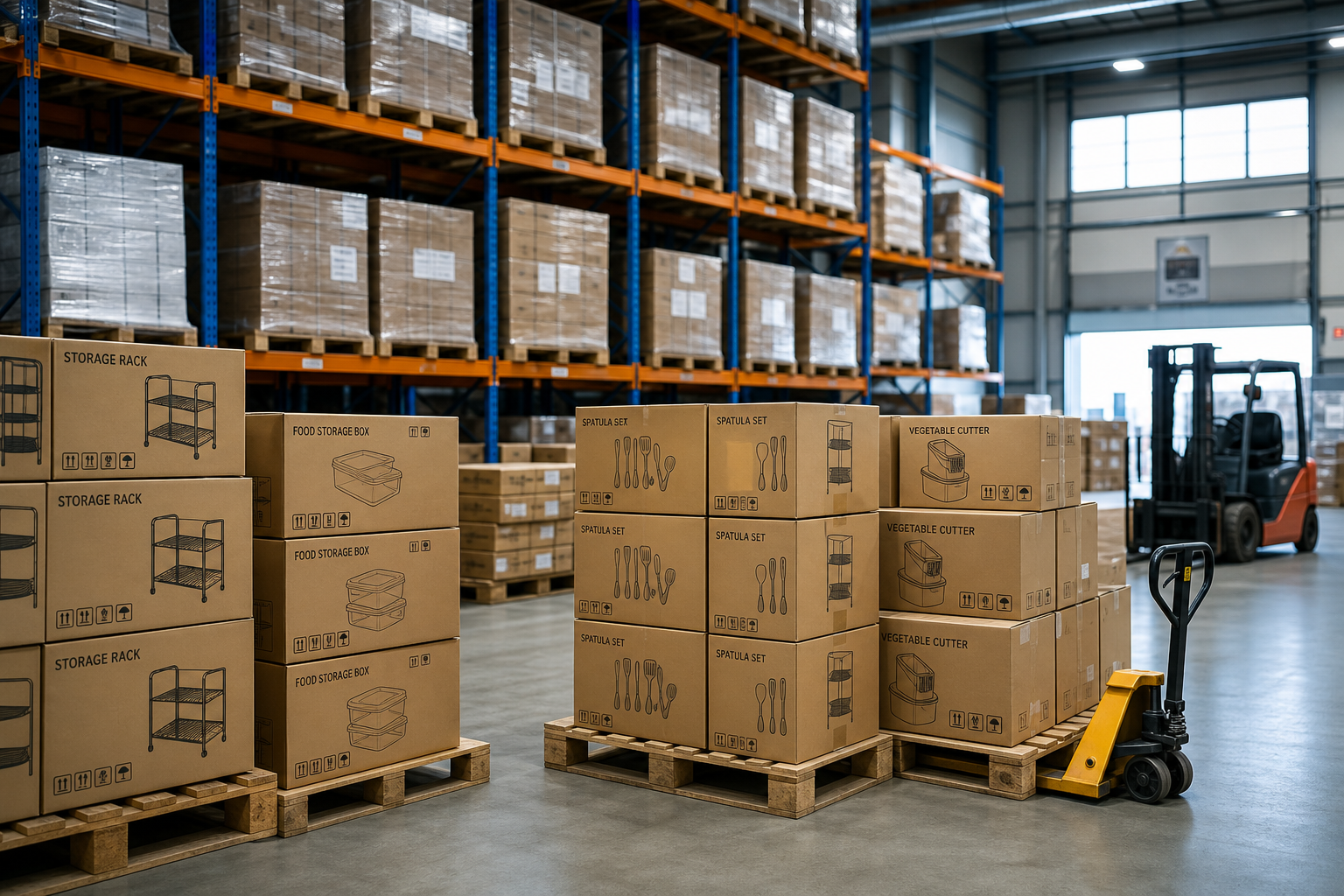 Warehouse pallet stacks with boxed kitchen tools and storage products ready for distribution