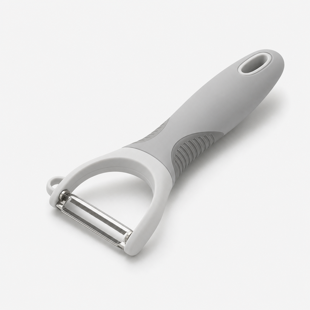Y-style peeler with a stainless steel blade and light gray non-slip handle