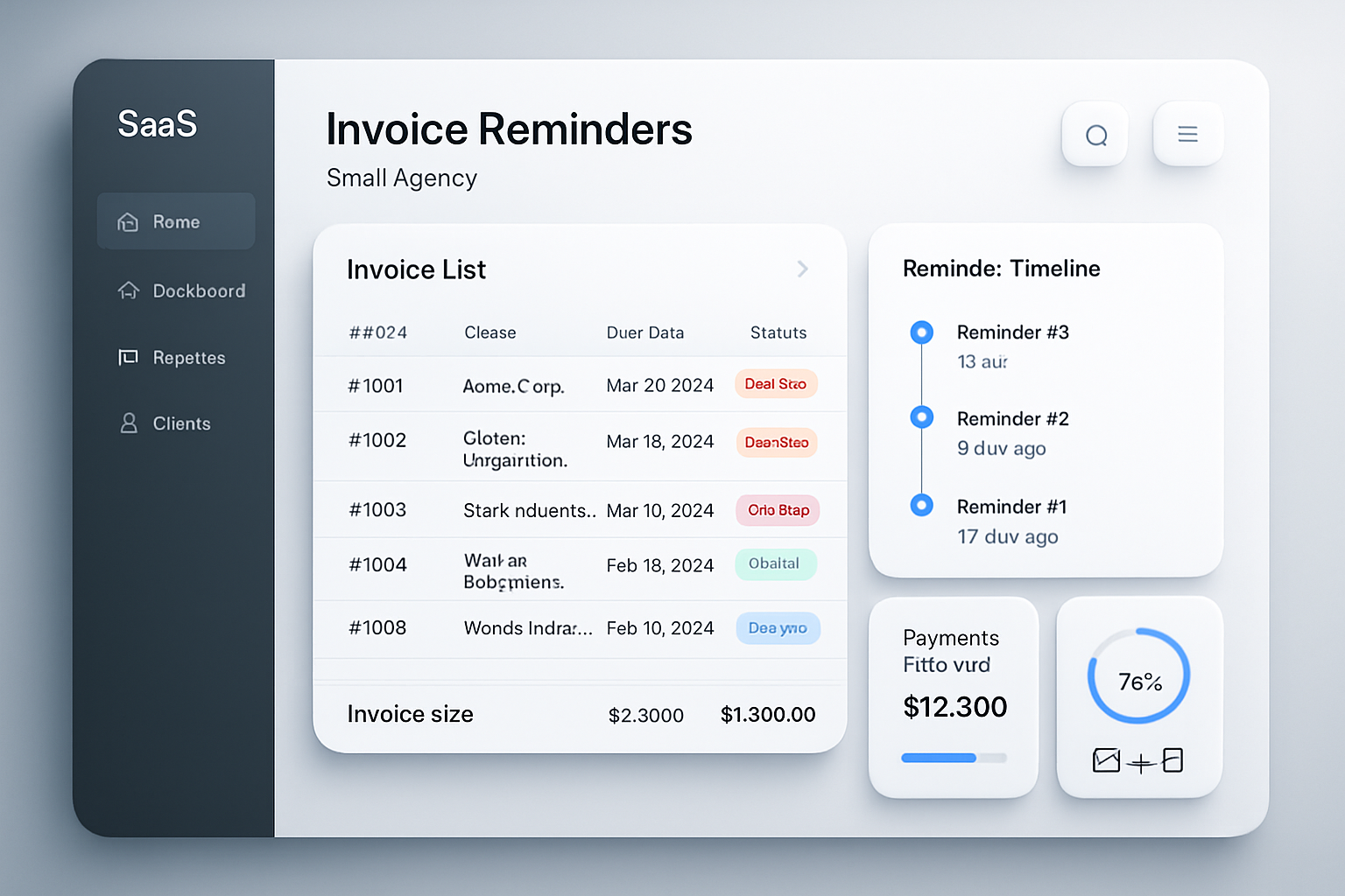 InvoicePilot dashboard mockup showing invoice reminders and payment tracking