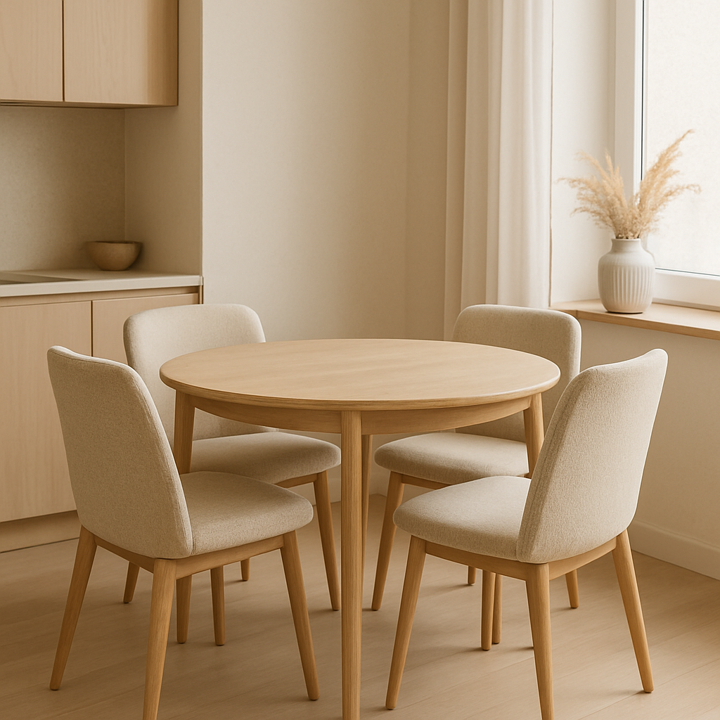 Compact round dining table with four upholstered chairs in light oak finish