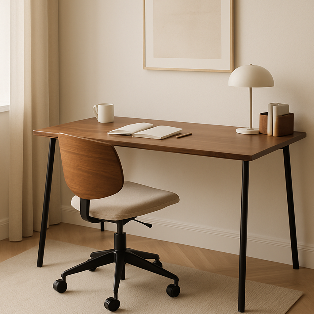 Ergonomic home office desk setup with walnut desktop, metal legs, and matching task chair