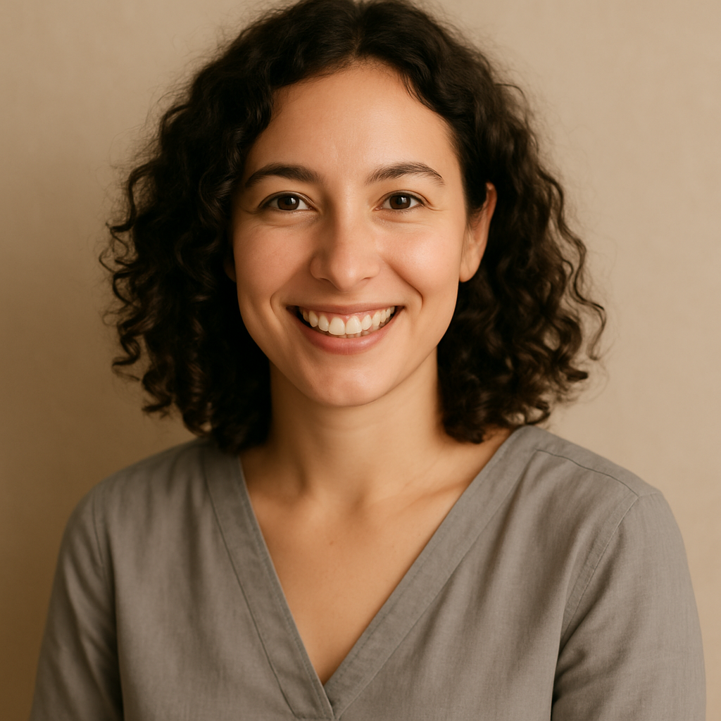 Smiling woman with curly hair wearing a soft gray blouse