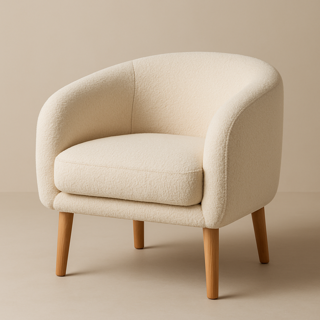 Rounded boucle accent chair in warm cream with slim oak legs