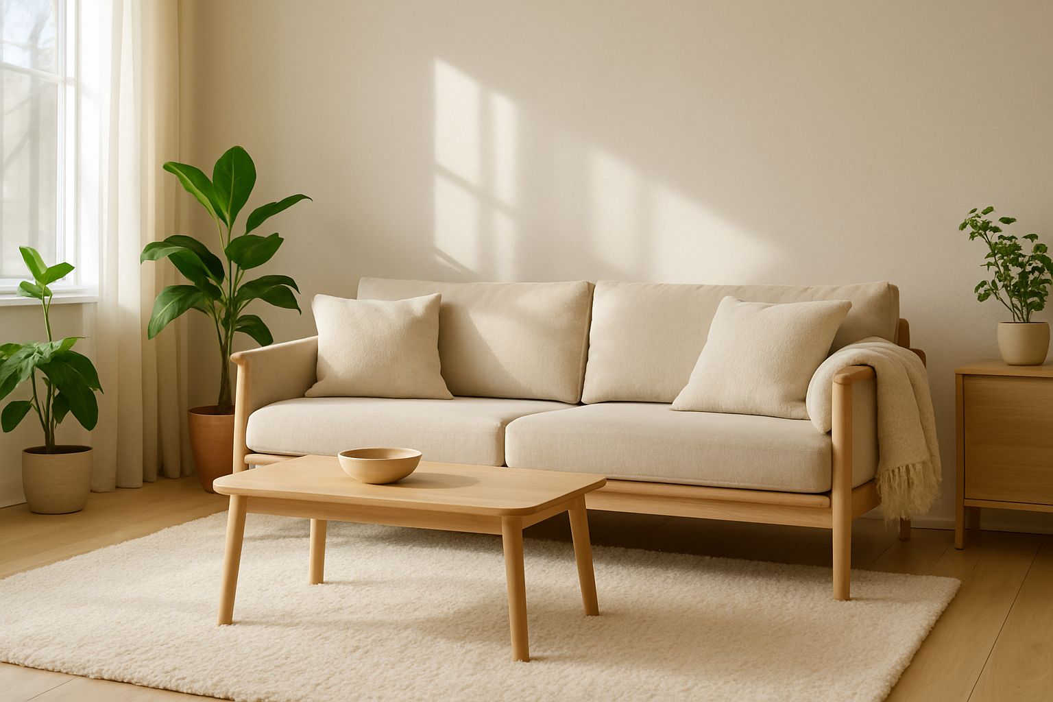 Sunlit Scandinavian living room with a light oak sofa, neutral textiles, and soft greenery