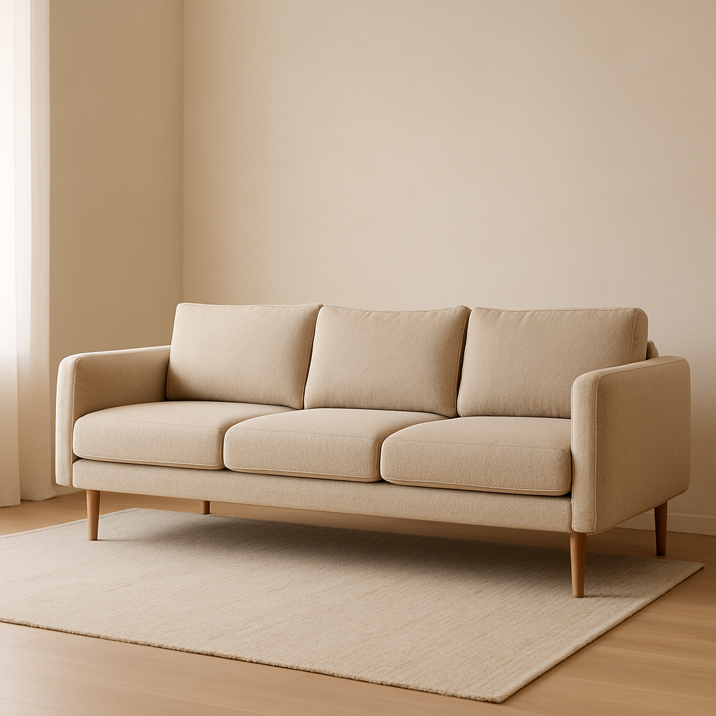 Warm beige modern sofa with slim oak legs and textured fabric upholstery