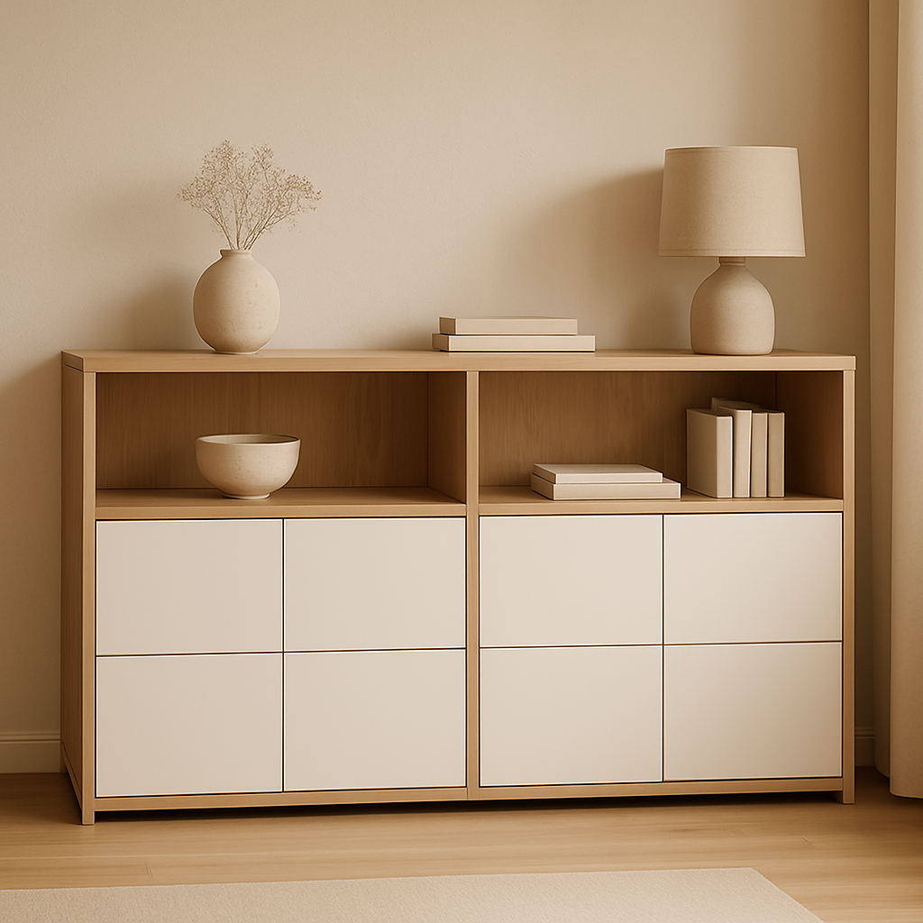 Low modular storage unit with matte white cabinets and open oak shelving
