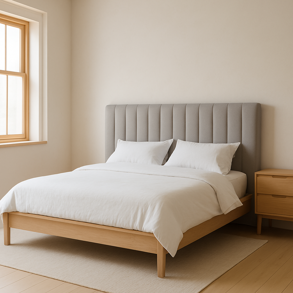 Soft grey upholstered bed with tall channel-tufted headboard and light wood frame