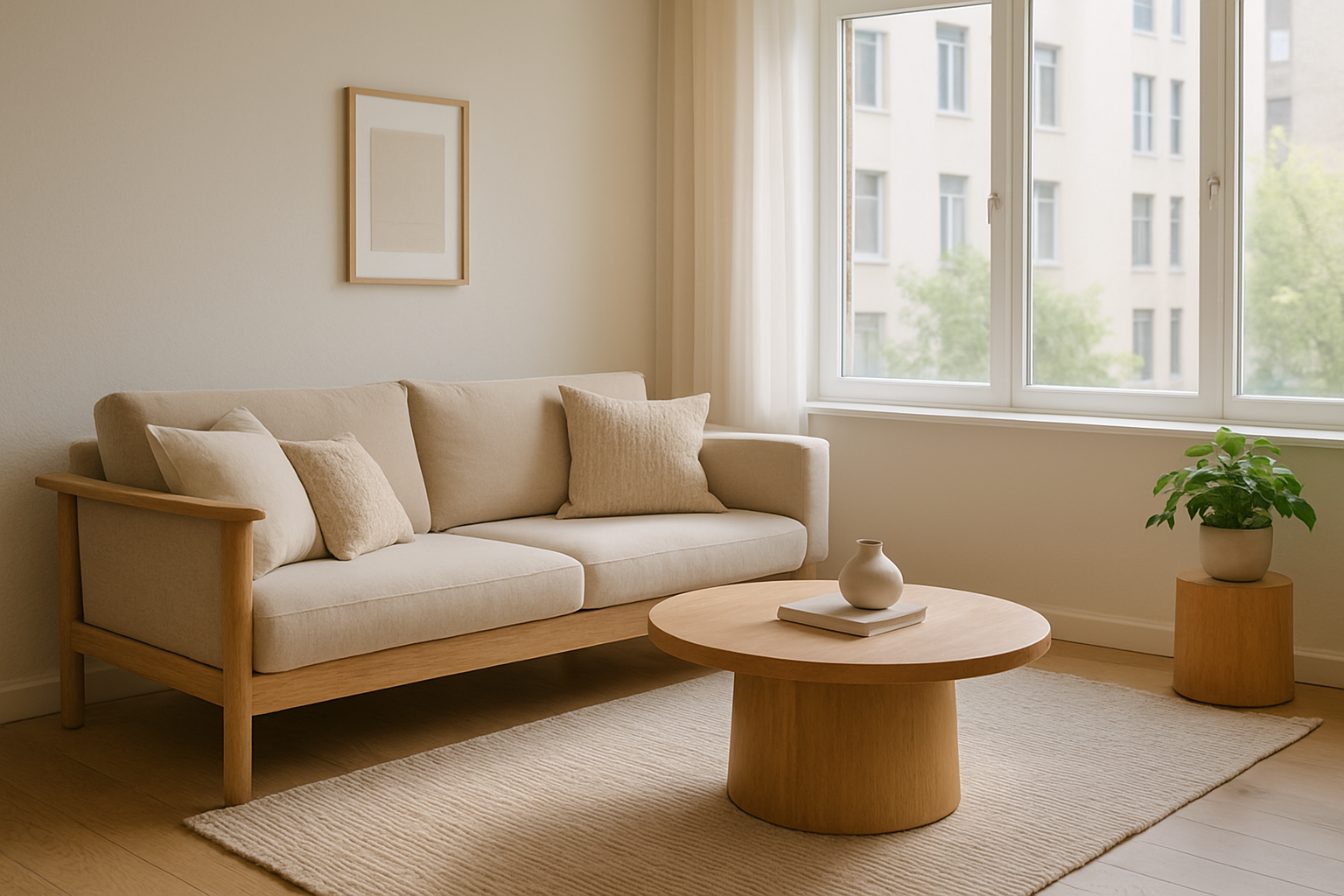 Warm, modern living room with a light oak sofa, textured throw pillows, a round coffee table, and soft daylight from large windows