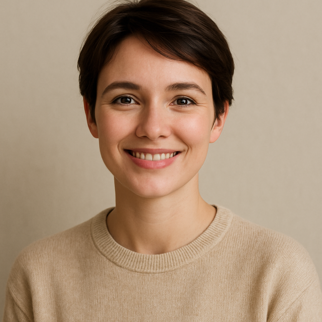 Smiling woman with short dark hair wearing a beige sweater