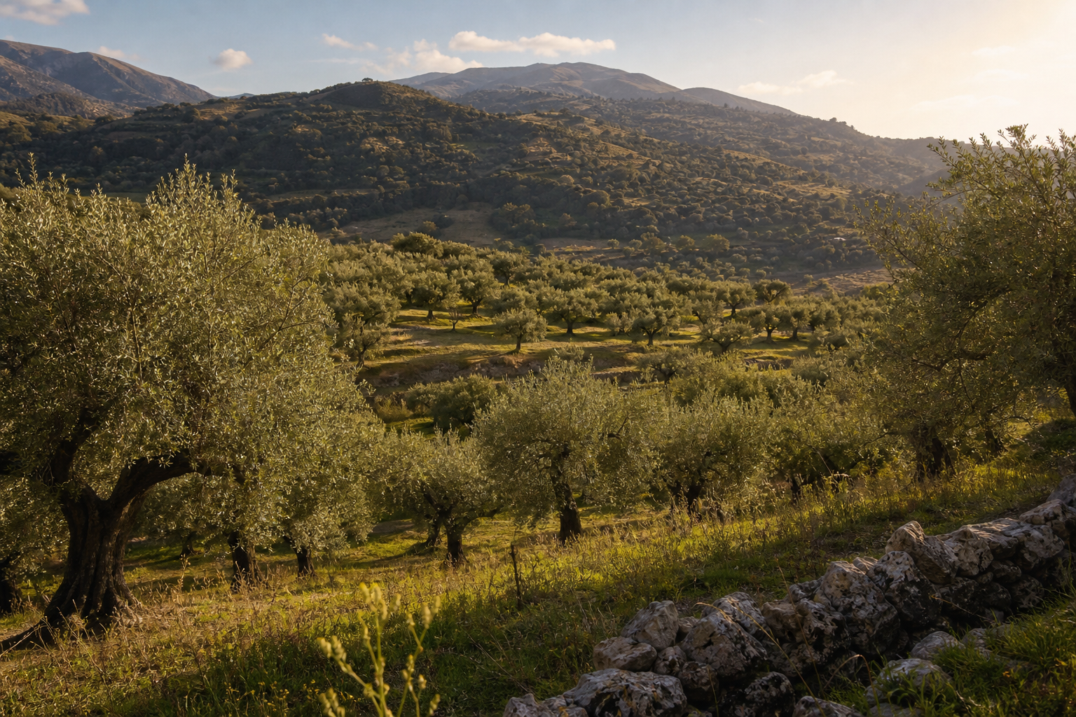 Vista ampia della tenuta con ulivi antichi sulle colline delle Madonie, luce calda e atmosfera calma