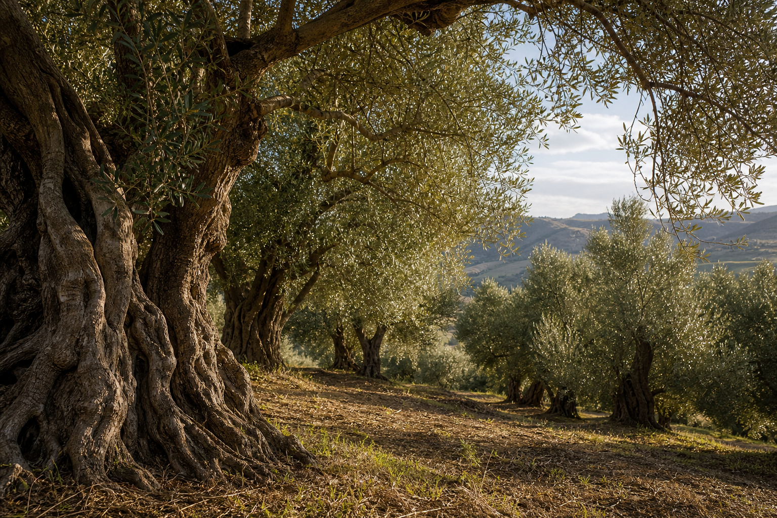 Filari di ulivi secolari nella tenuta, con tronchi scolpiti, chiome dense e luce naturale calda
