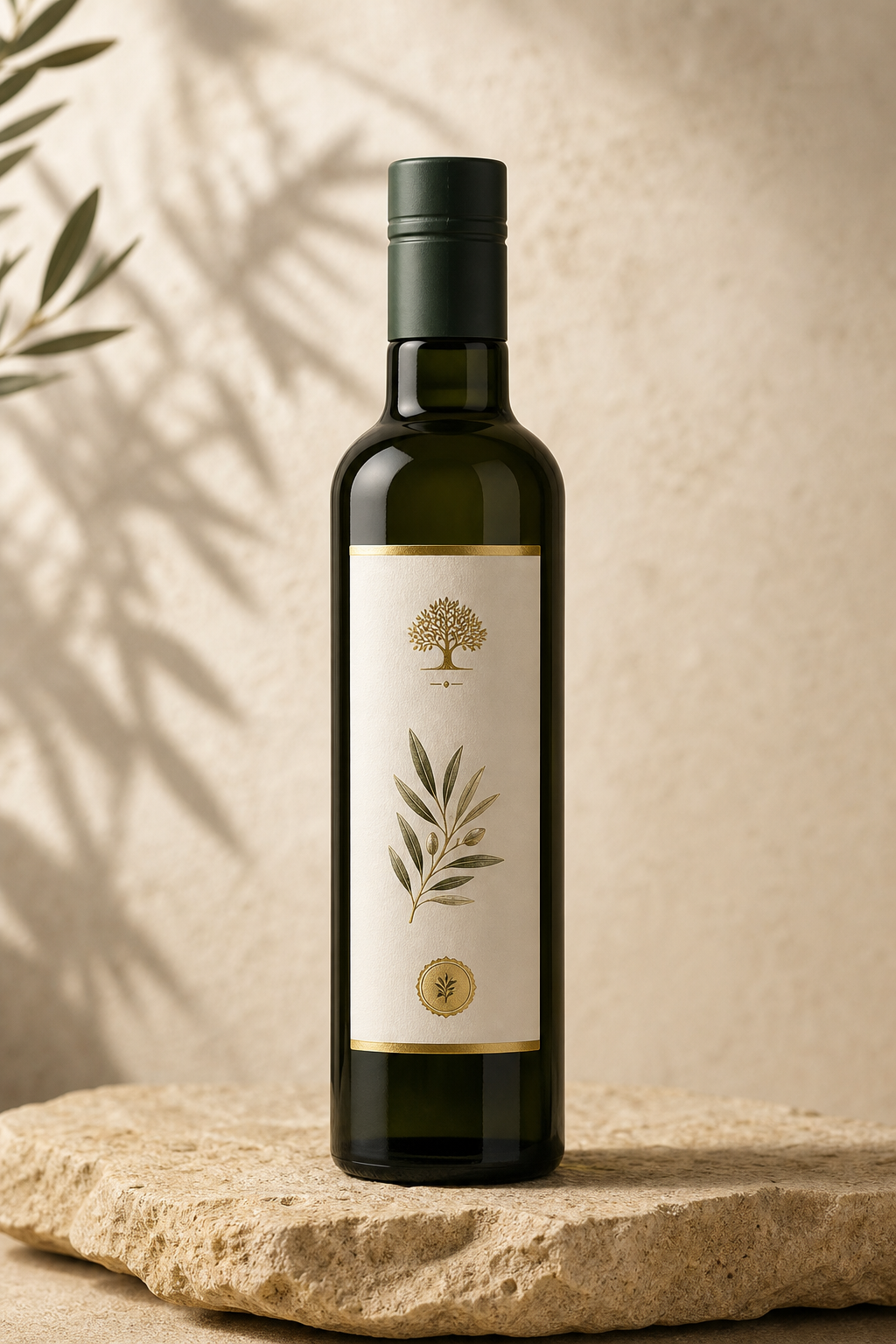 Bottiglia premium di olio extravergine biologico siciliano su fondo neutro caldo con luce naturale morbida
