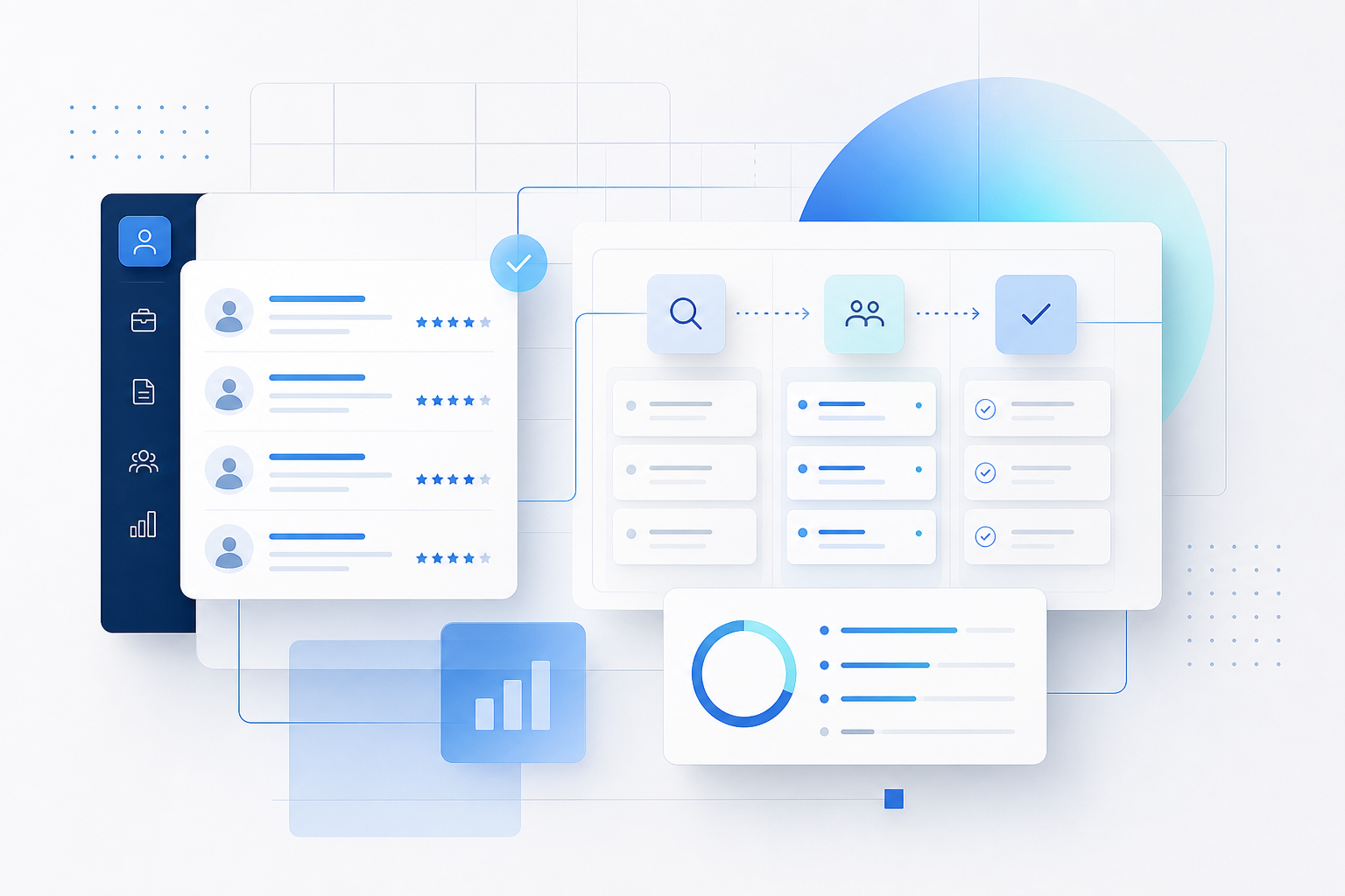 Abstract corporate technology interface showing candidate matching and hiring flow cards with blue gradients and clean line accents