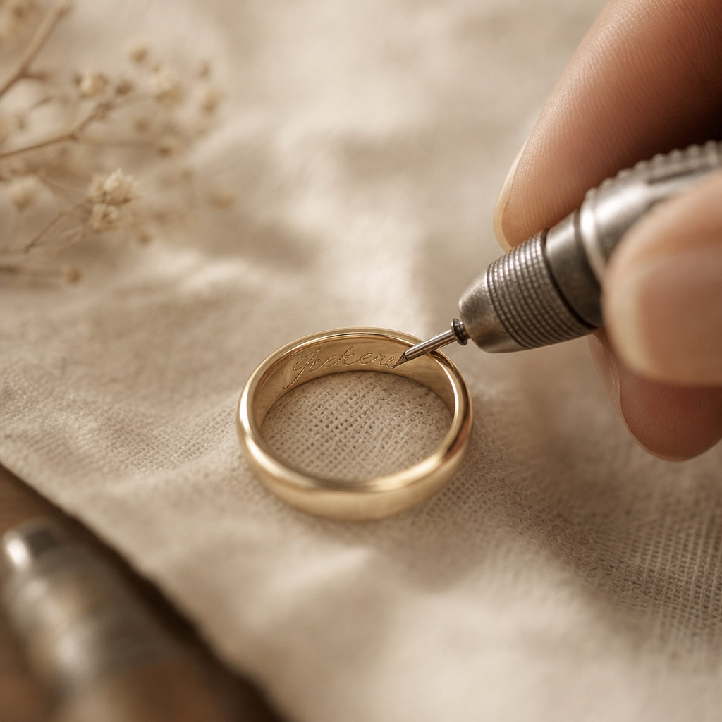 Close-up of an artisan hand-engraving a delicate script initial onto a gold band ring using a fine engraving tool