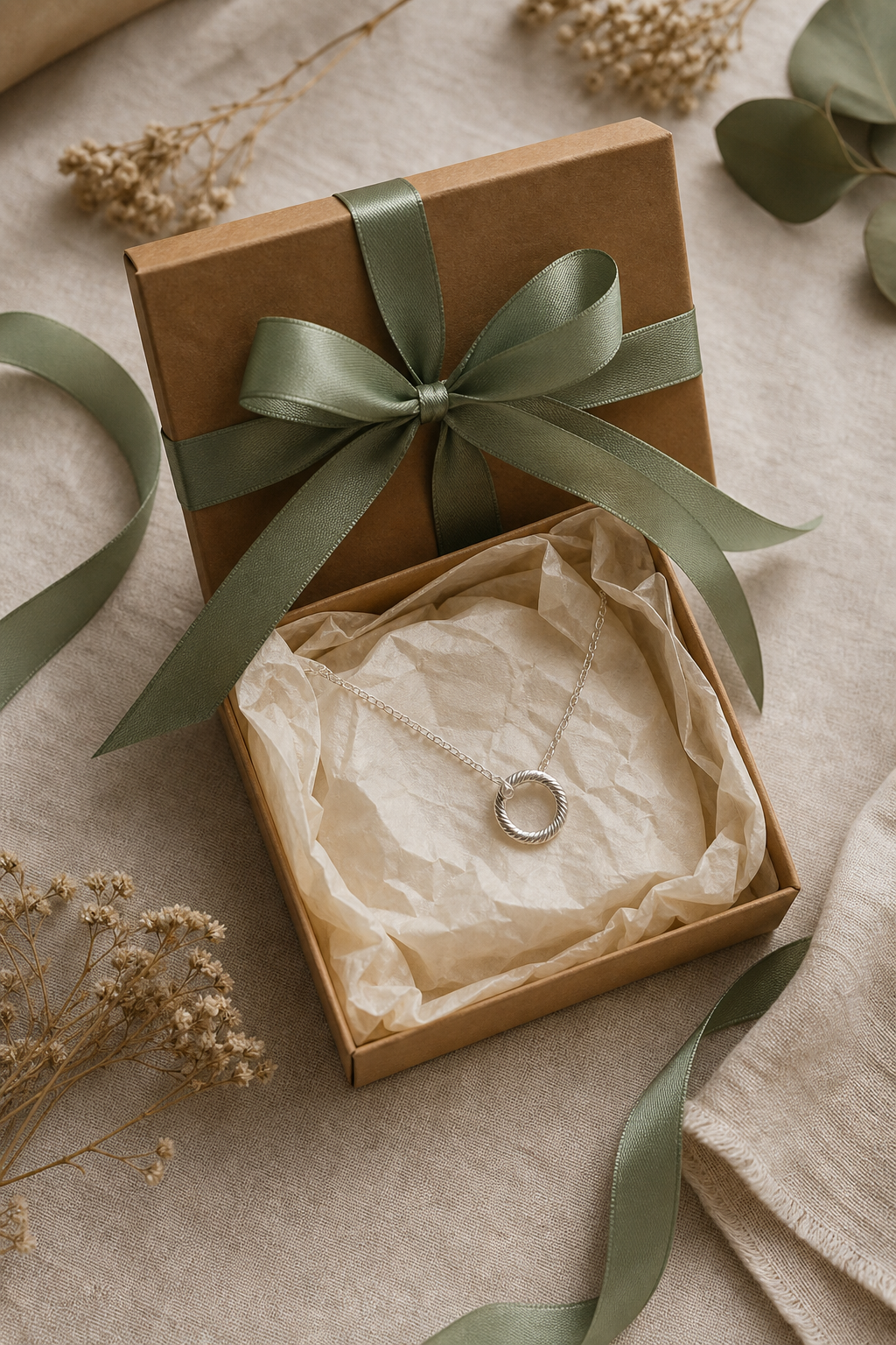 Open kraft gift box lined with tissue paper, holding a jewelry piece, tied with a sage green ribbon