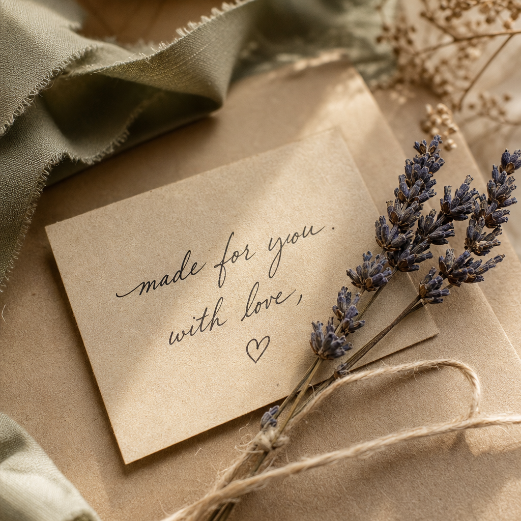 Close-up of a handwritten gift note card on textured paper resting beside a sprig of dried lavender