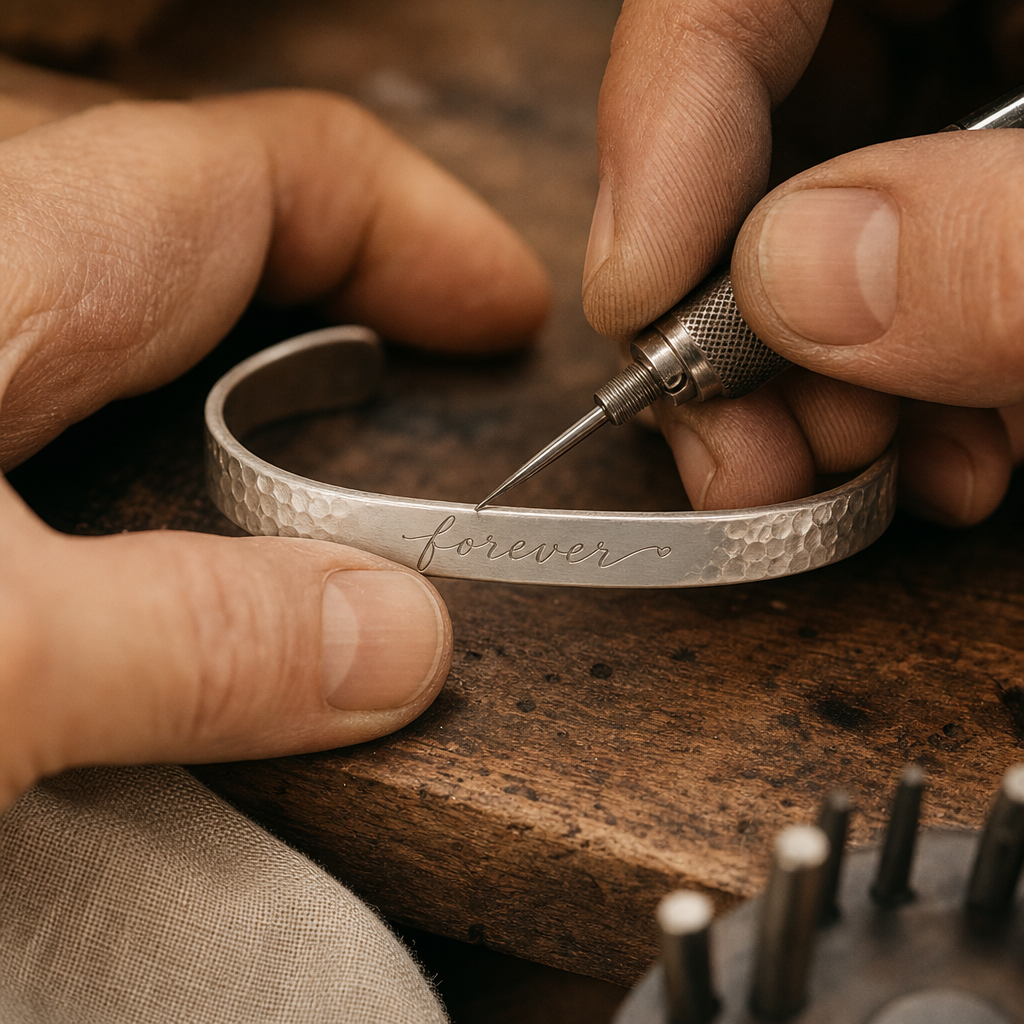 Artisan hand tool engraving a fine script name onto a silver bracelet band
