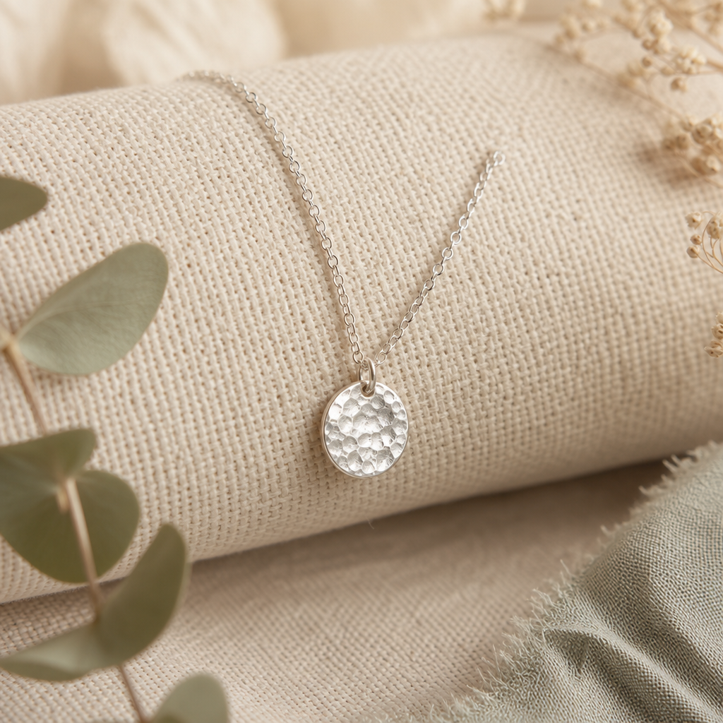Elegant handmade sterling silver pendant necklace laid out on a woven textured backdrop