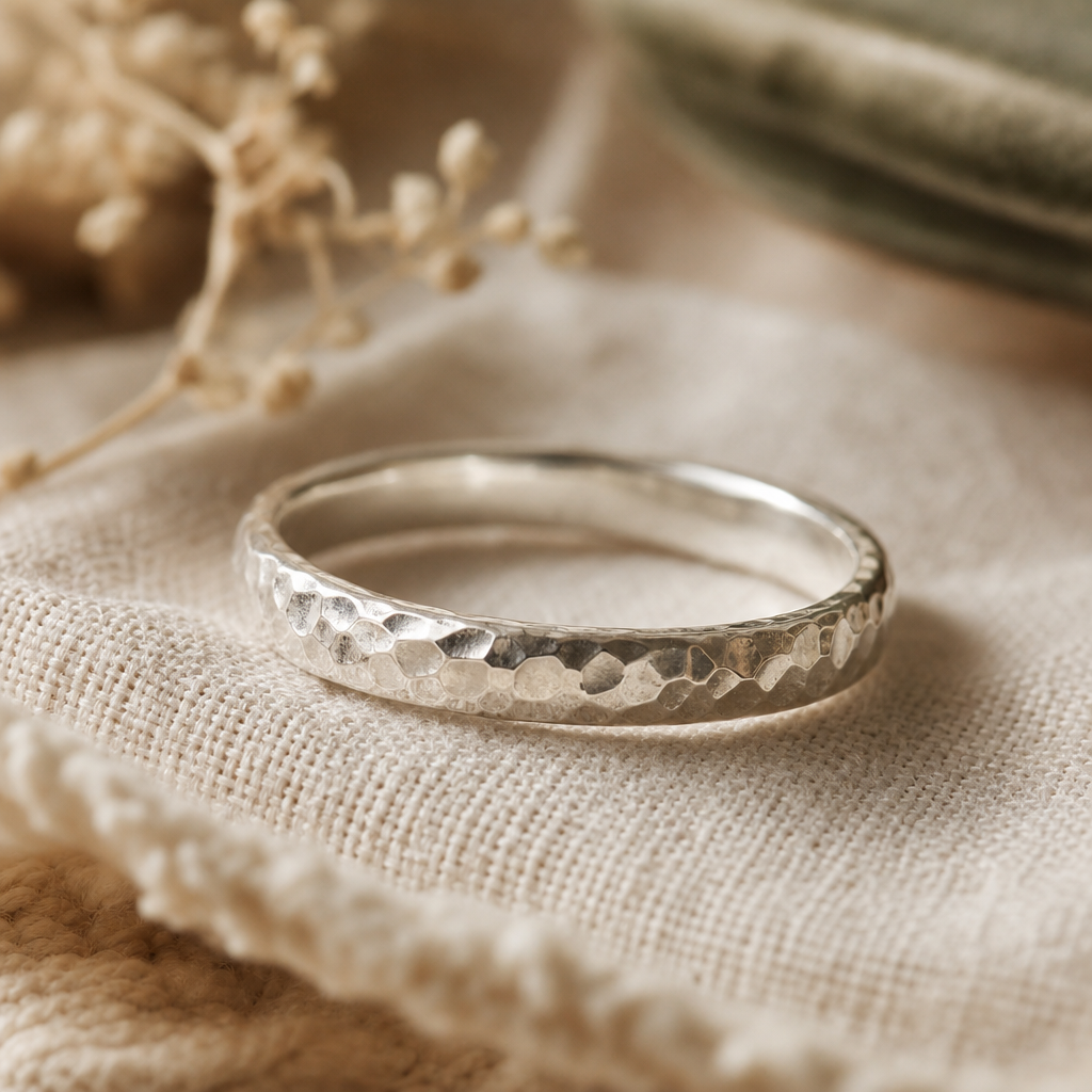 Close-up of a handmade sterling silver ring with a hammered texture, displayed on a linen surface