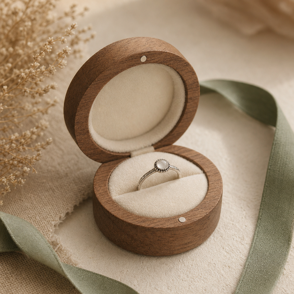 Small round wooden jewelry box lined with cream velvet, open to display a ring nestled inside