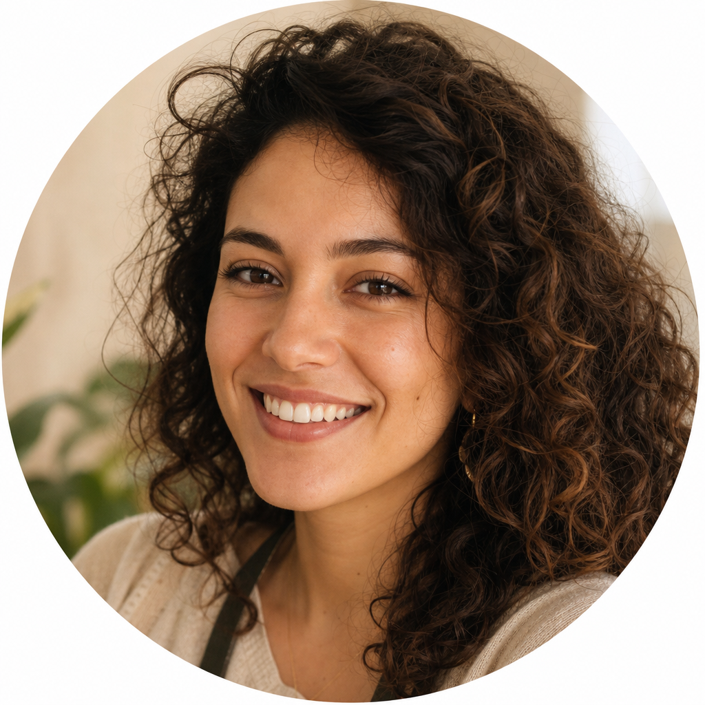 Portrait of Amara, a smiling customer with curly hair