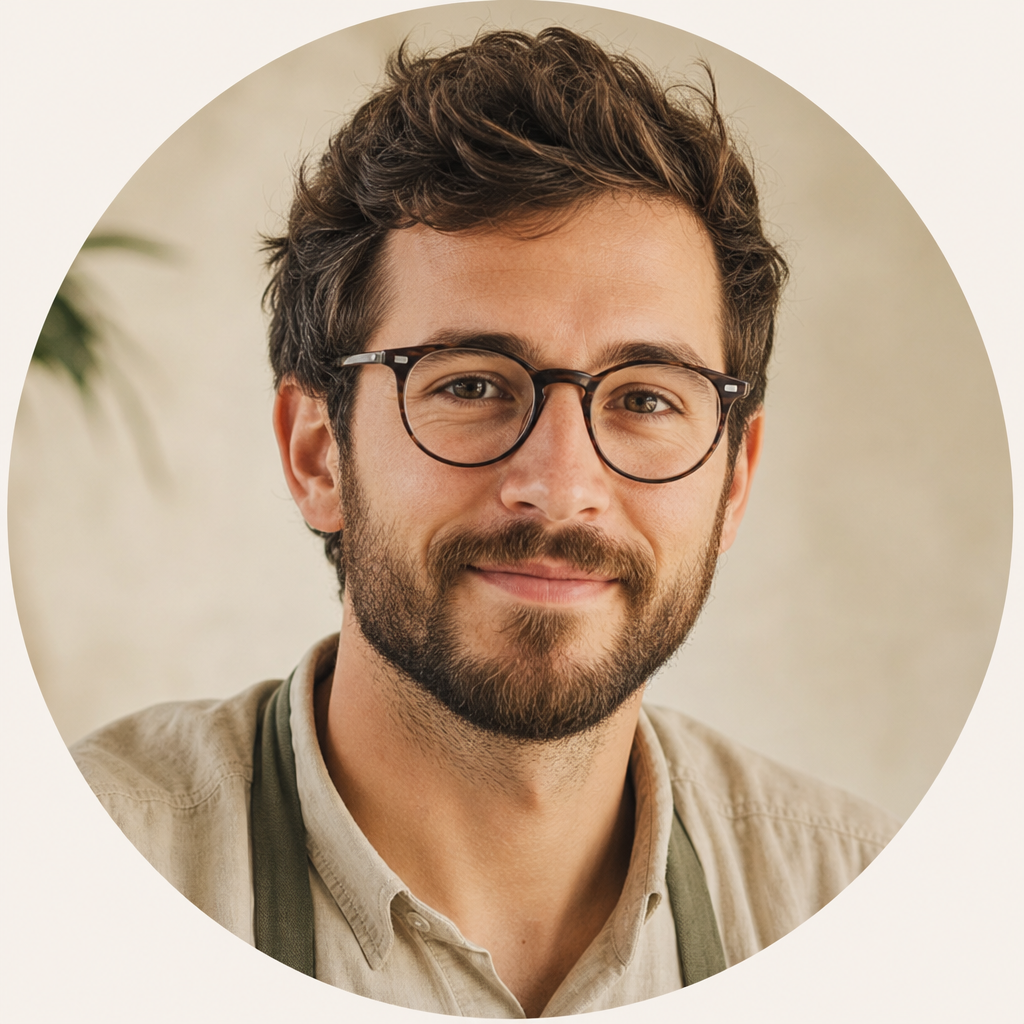 Portrait of Daniel, a customer with short beard and glasses