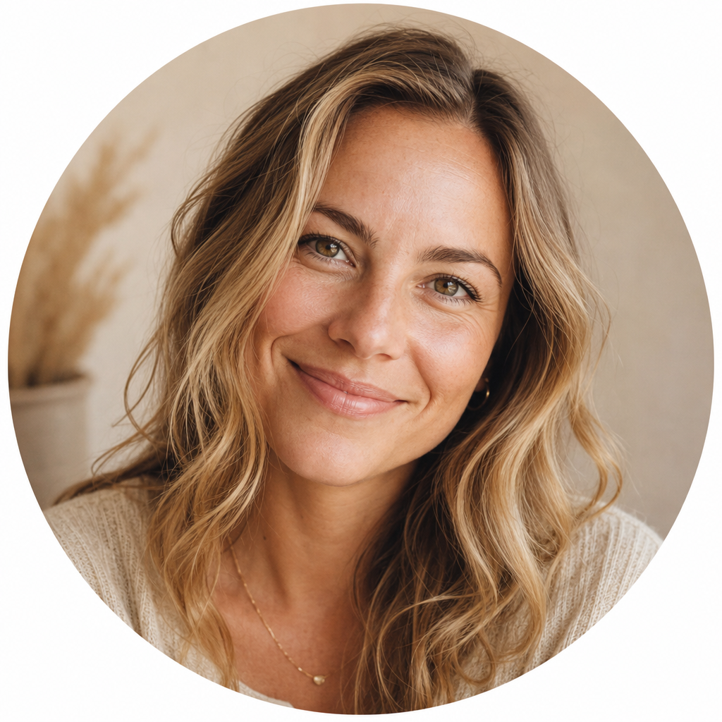 Portrait of Elena, a customer with wavy blonde hair