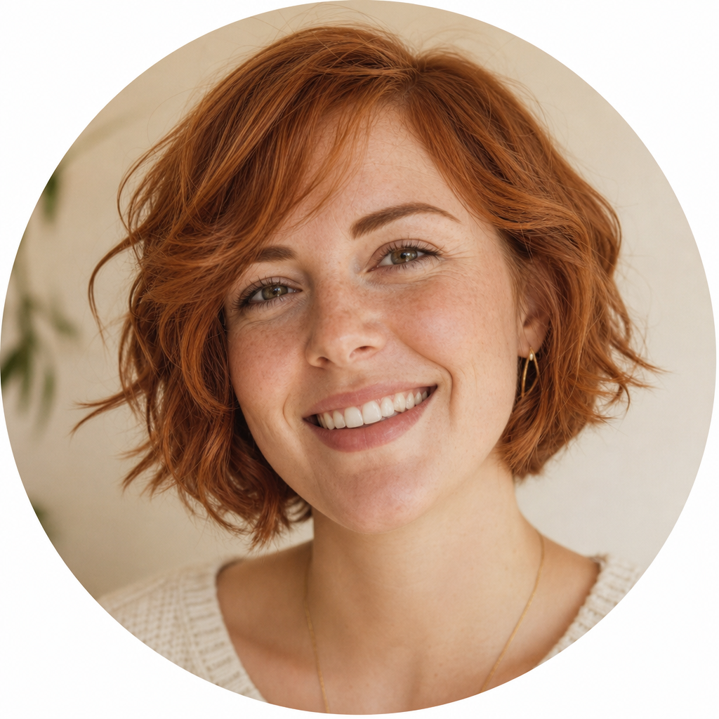 Portrait of Julia, a customer with short red hair
