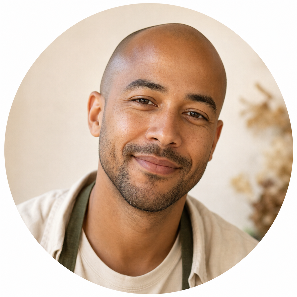Portrait of Marcus, a customer with a shaved head and friendly expression