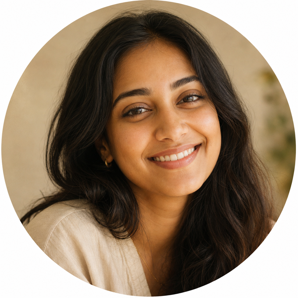 Portrait of Priya, a customer with long dark hair and a warm smile