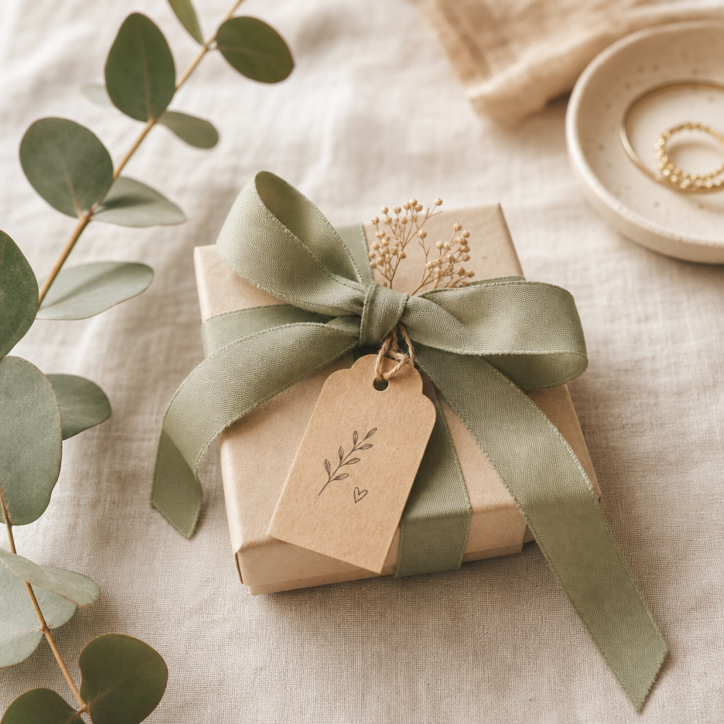 Wrapped jewelry package with sage green ribbon and a handwritten gift tag sitting on a linen table setting
