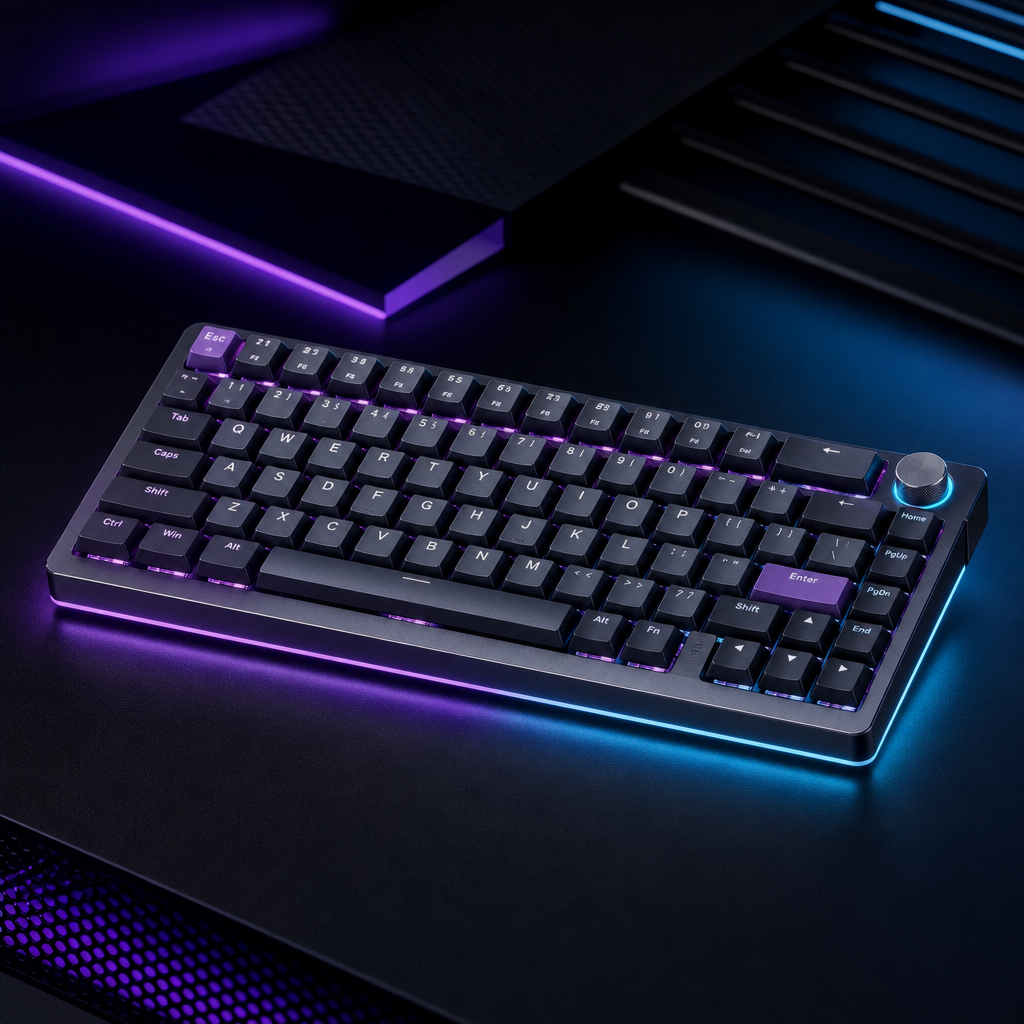 TurboLayer AeroForge 75 mechanical keyboard with low-profile aluminum body and purple cyan underglow