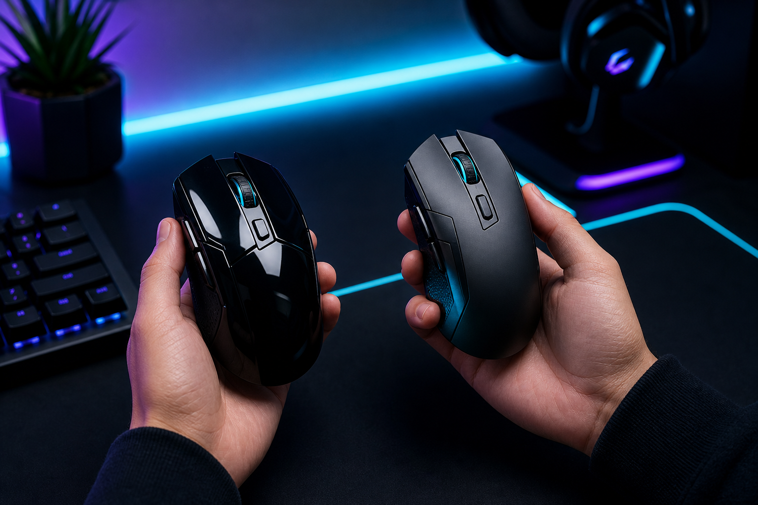 Hands comparing two gaming mice on a sleek desk with neon cyan lighting