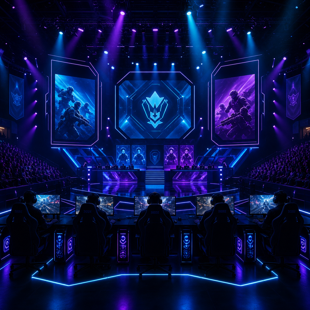 Esports arena stage with glowing cyan lights, large screens, and silhouettes of competing players