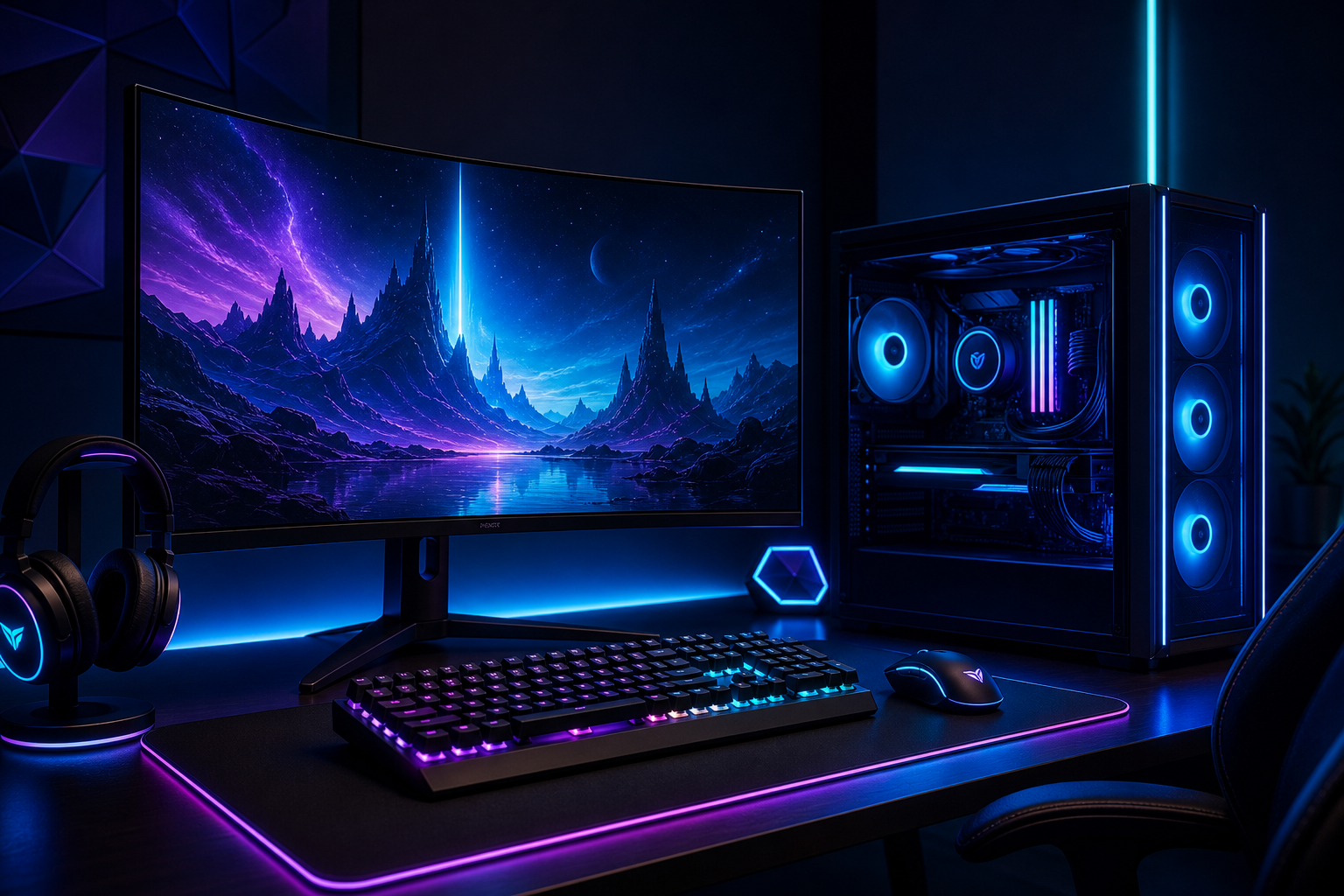 Futuristic gaming desk setup with RGB-lit keyboard, curved monitor, and sleek PC tower glowing in neon blue