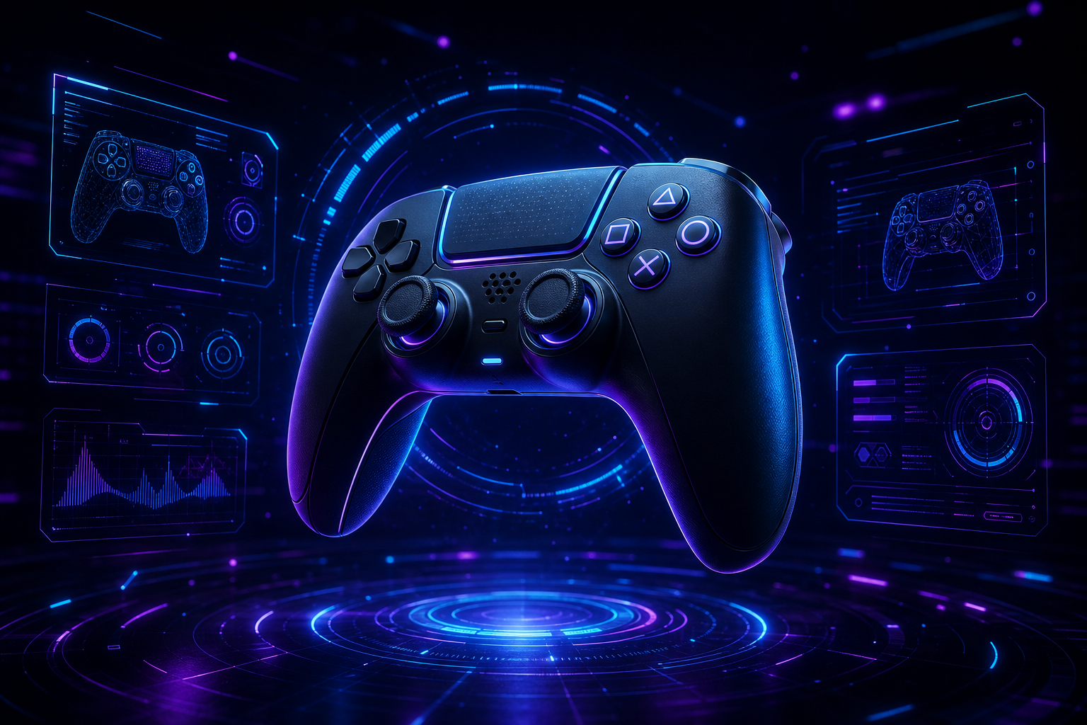 Futuristic gaming controller floating with holographic UI overlays in neon blue and purple