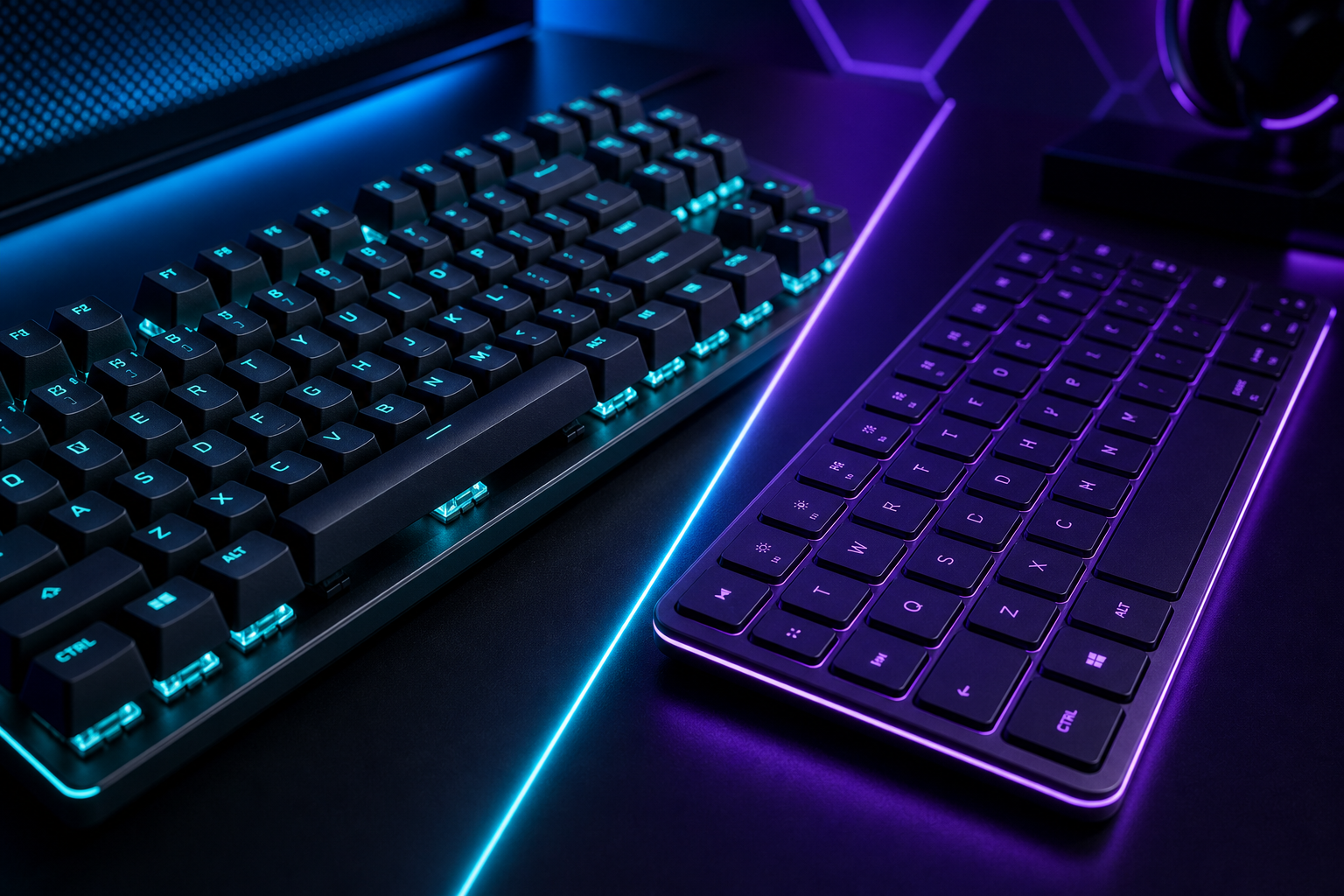 Split view of two gaming keyboards, one mechanical with teal backlight and one low-profile with purple glow