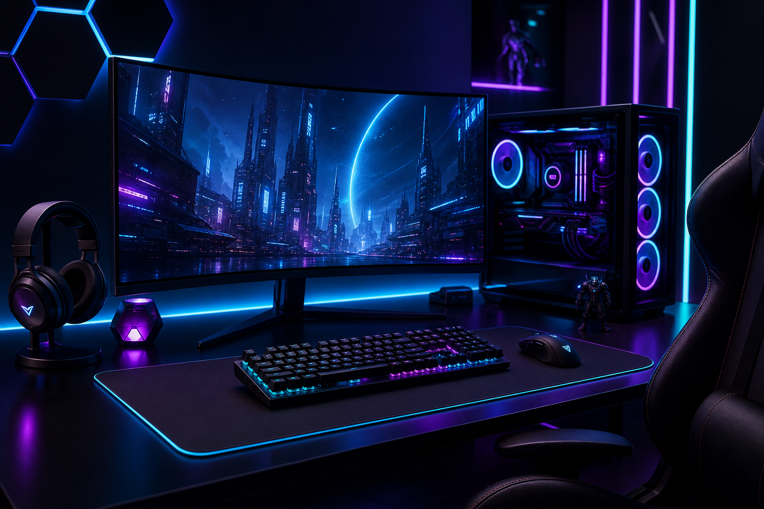 Neon-lit premium gaming setup with mechanical keyboard, RGB mouse, and curved monitor in a dark futuristic room