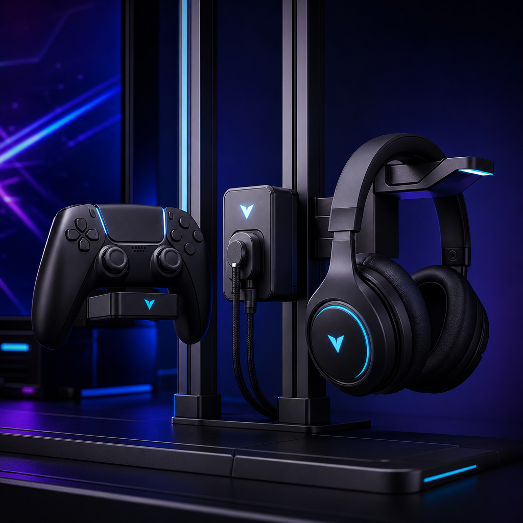 TurboLayer IonLift accessory kit featuring a sleek controller stand and modular cable dock in matte graphite