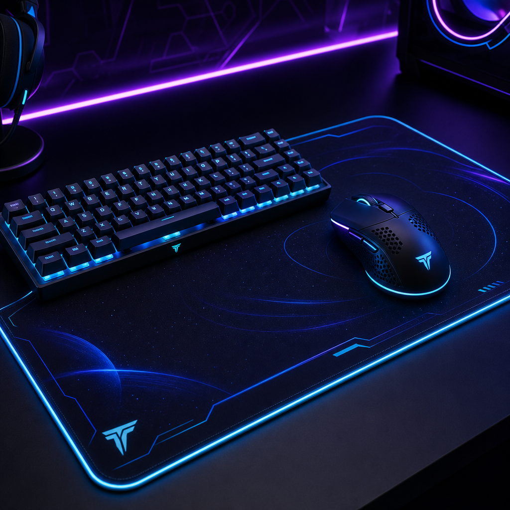 TurboLayer Nebula Pro gaming bundle featuring mouse, keyboard, and mousepad with matching neon blue accents
