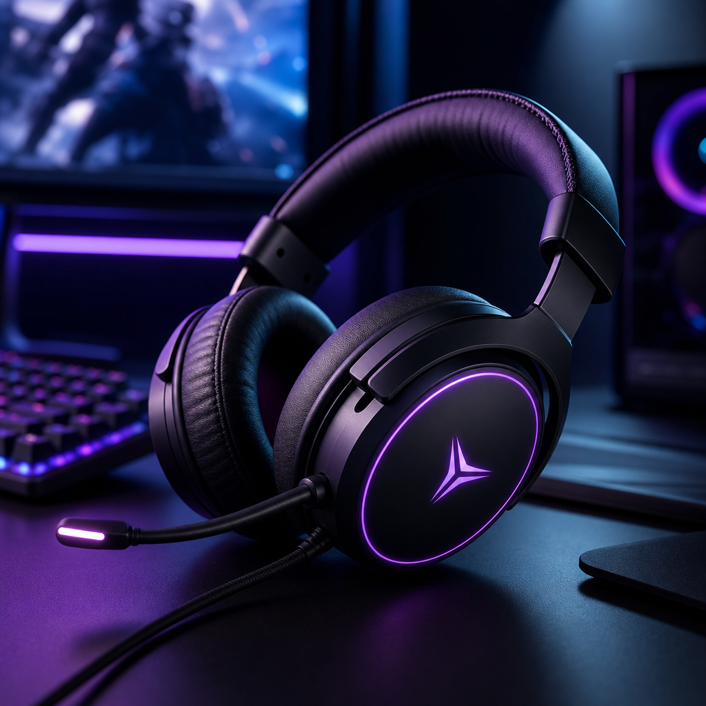 Close-up of a premium gaming headset with neon purple accents resting on a dark desk