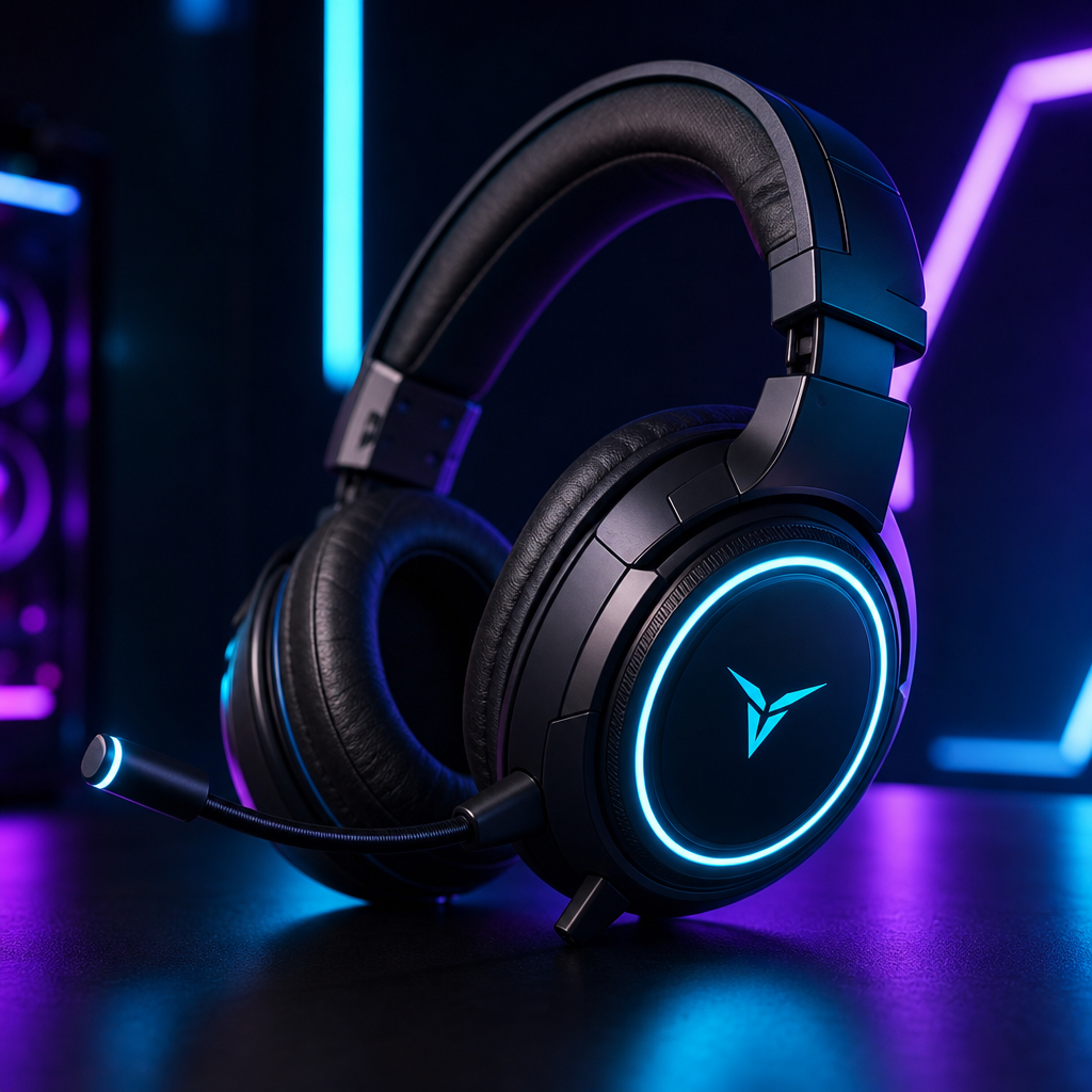 TurboLayer PulseNova 7.1 gaming headset with deep black earcups and glowing cyan ring lighting