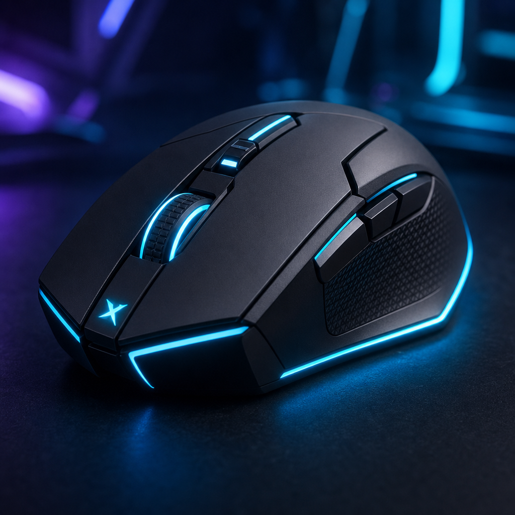 TurboLayer Stellar X1 wireless gaming mouse with angular matte-black shell and neon cyan lighting accents