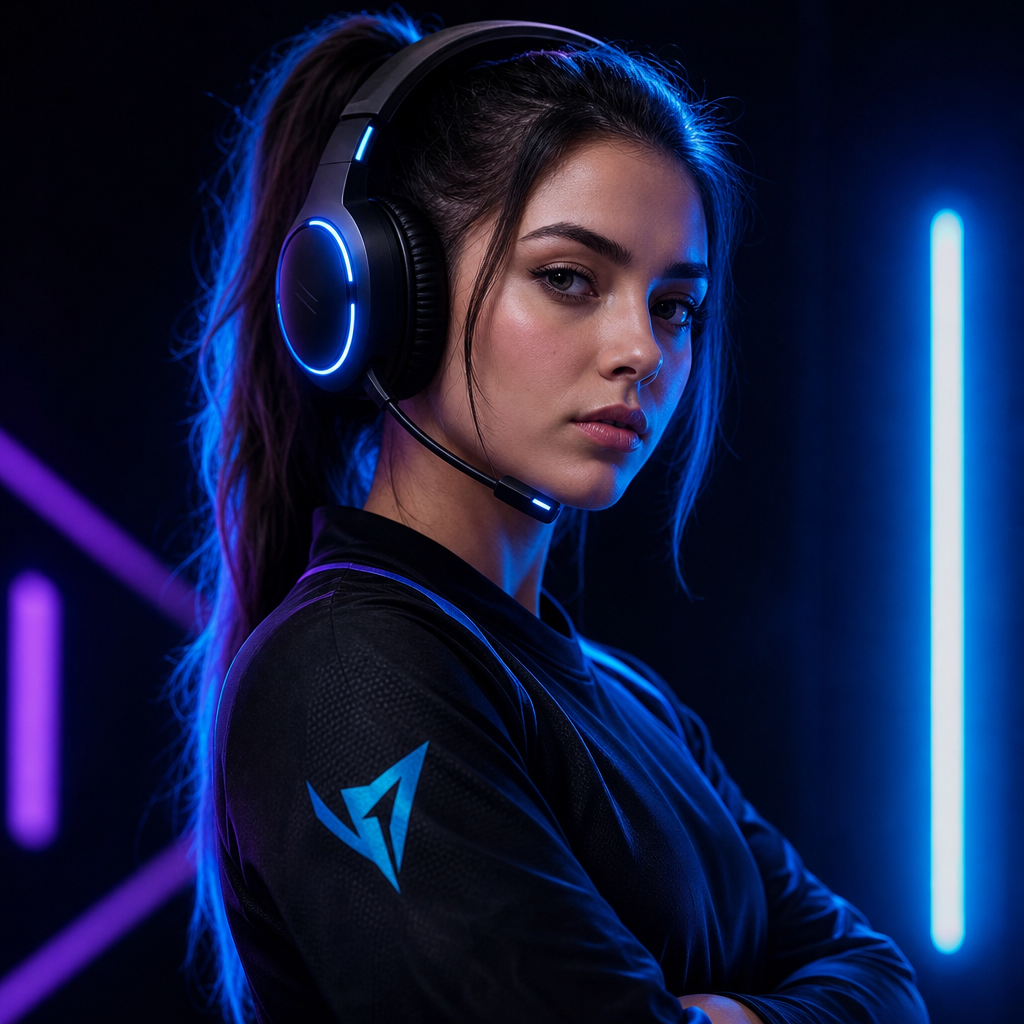 Portrait of a focused female esports captain wearing a sleek black headset with neon blue highlights