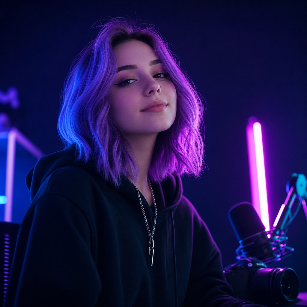 Portrait of a creative content producer with purple hair and a relaxed expression against a neon purple background