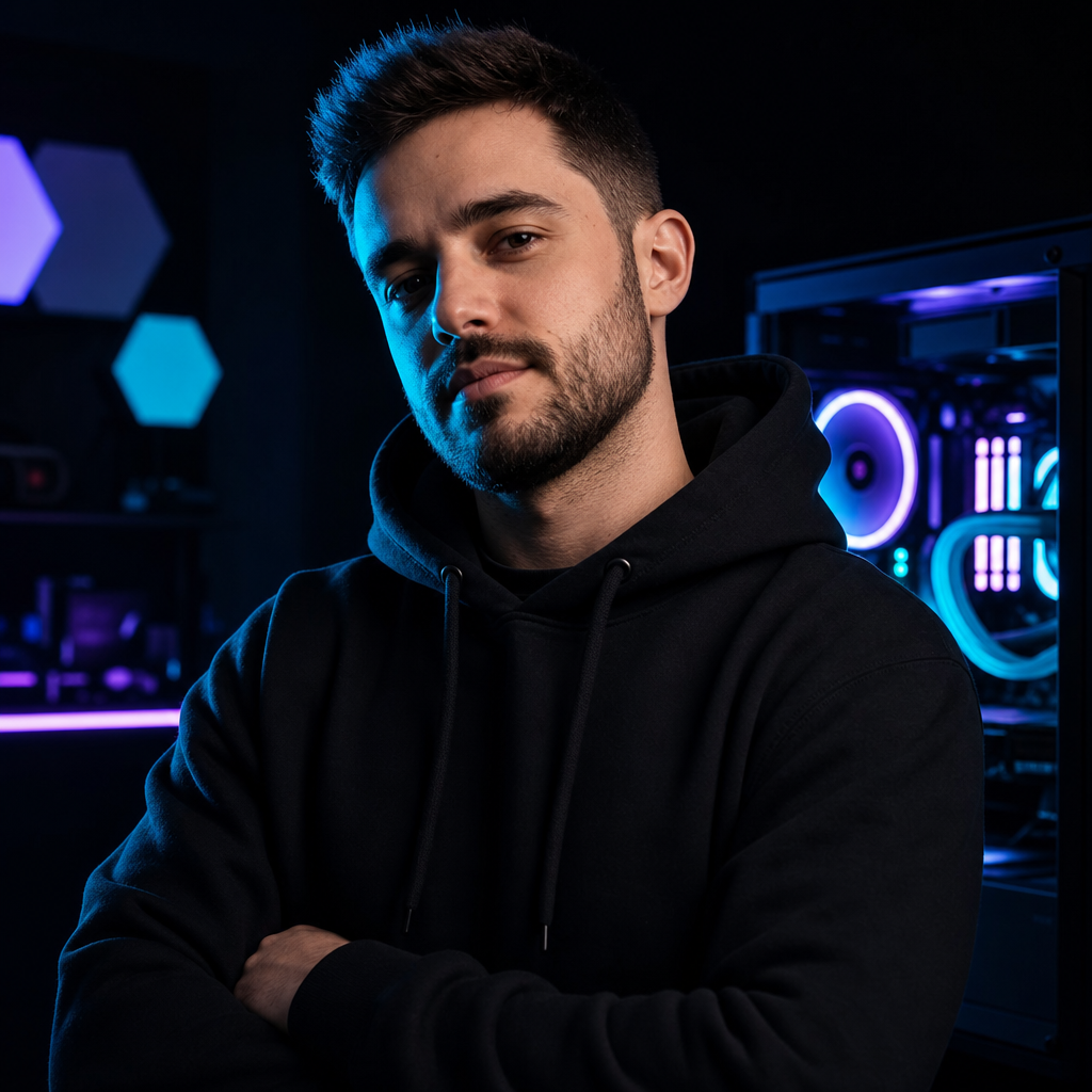 Portrait of a PC enthusiast with a short beard, wearing a dark hoodie and subtle cyan rim light